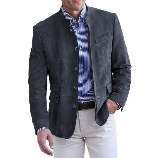"Stijlvol heren suède jack, marineblauw, elegant design, comfort en klasse voor diverse gelegenheden, hoogwaardige afwerking.