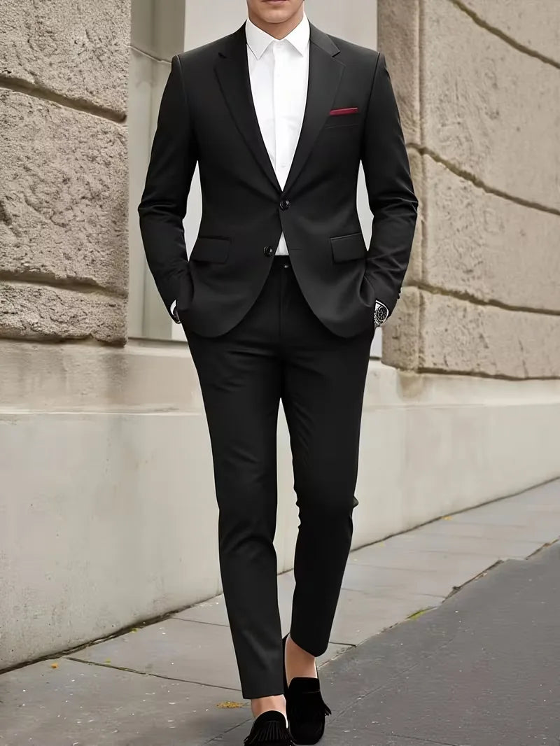 Stijlvol bruin slim fit herenpak, compleet met colbert en een bijpassende broek.