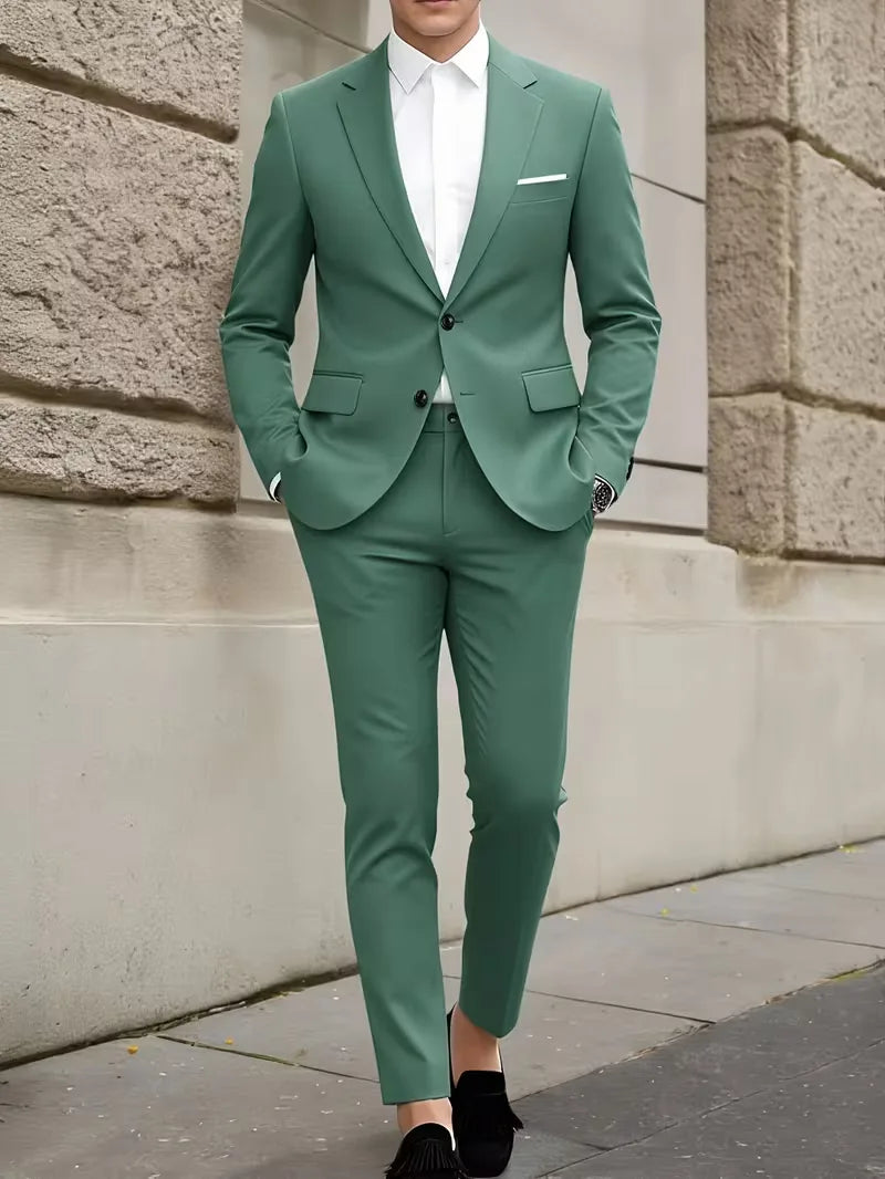 Hedendaags slim fit herenpak, ontworpen voor de modebewuste man met oog voor detail.