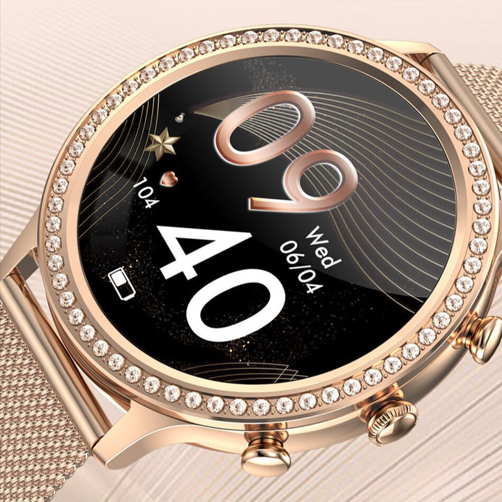 "Stijlvol SmartPulse gezondheidsmonitor horloge met touchscreen en verstelbare band, rosé goud afwerking, IP68 waterbestendig