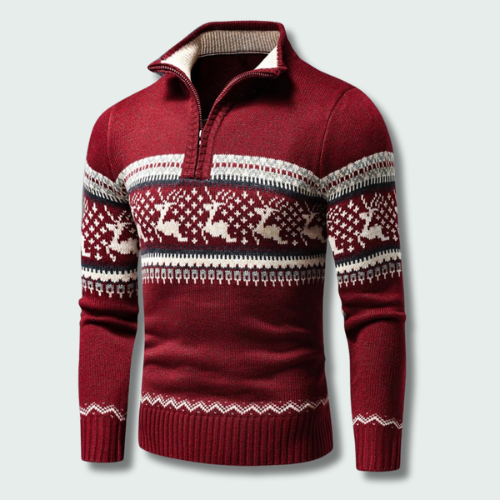 Stijlvolle beige herentrui met halve rits. Comfortabele winterpullover voor casual mannenmode.