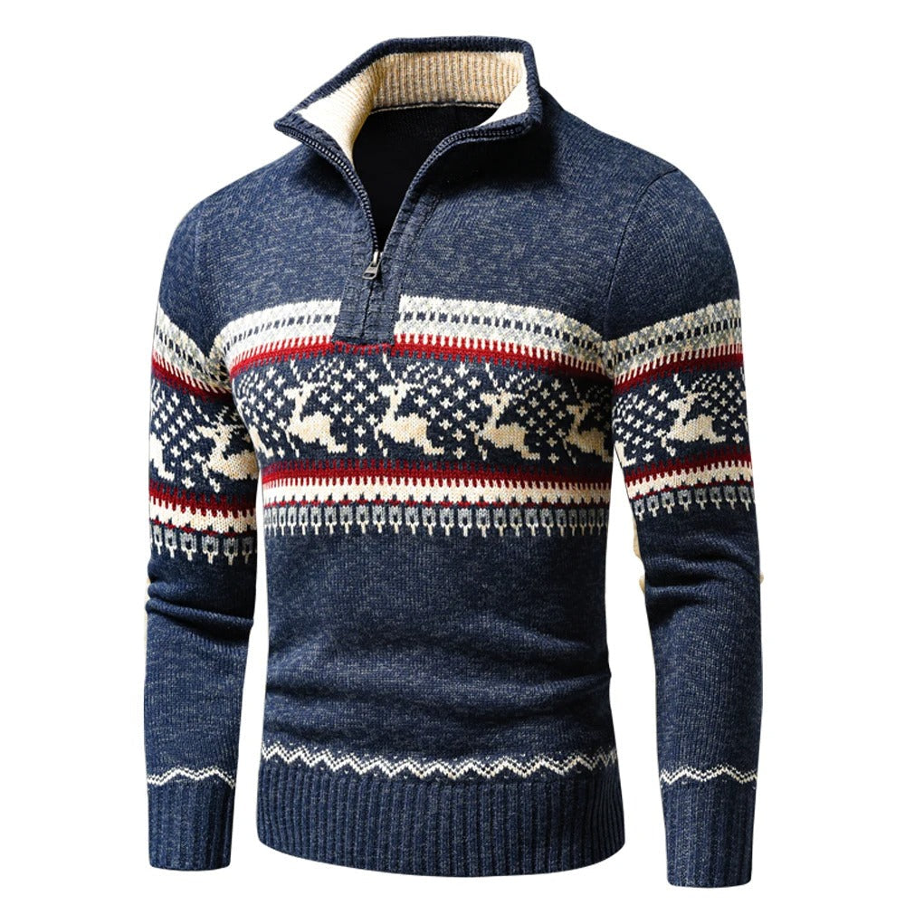 Rode herentrui met halve rits. Warme casual pullover met wintermotief voor comfortabele mannenkleding.