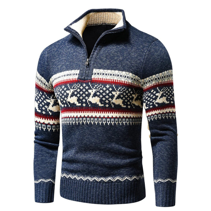 Rode herentrui met halve rits. Warme casual pullover met wintermotief voor comfortabele mannenkleding.