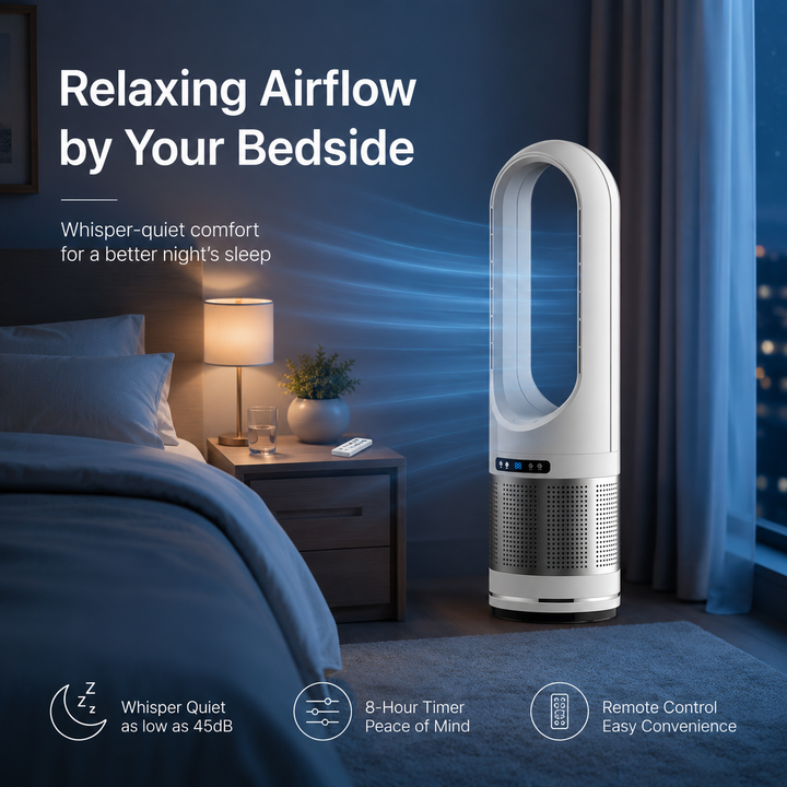 Deze stille bladloze torenventilator zorgt voor frisse lucht zonder hinderlijk geluid.
