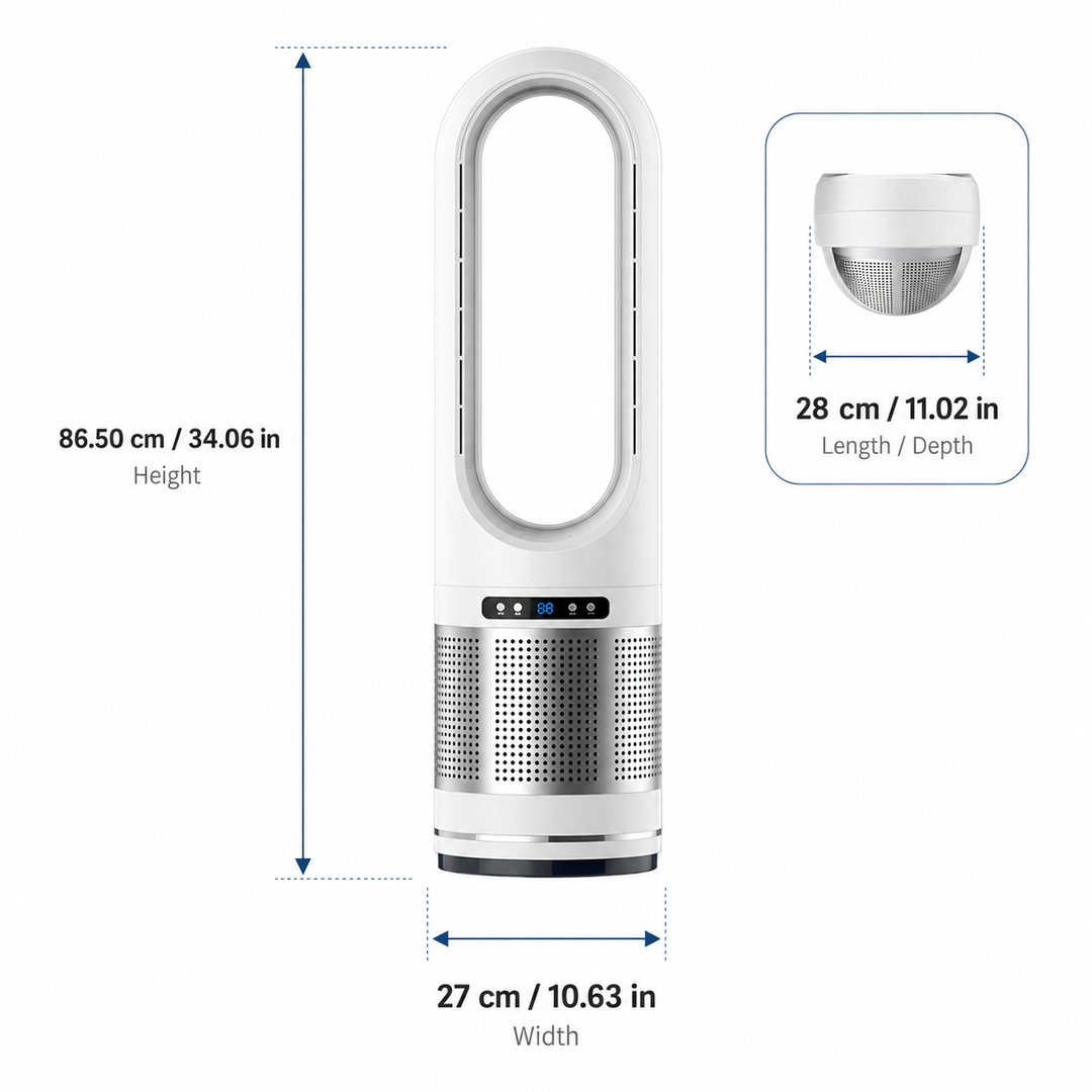 Intuïtief bedienbare bladloze torenventilator, een stijlvolle oplossing voor koeling thuis.