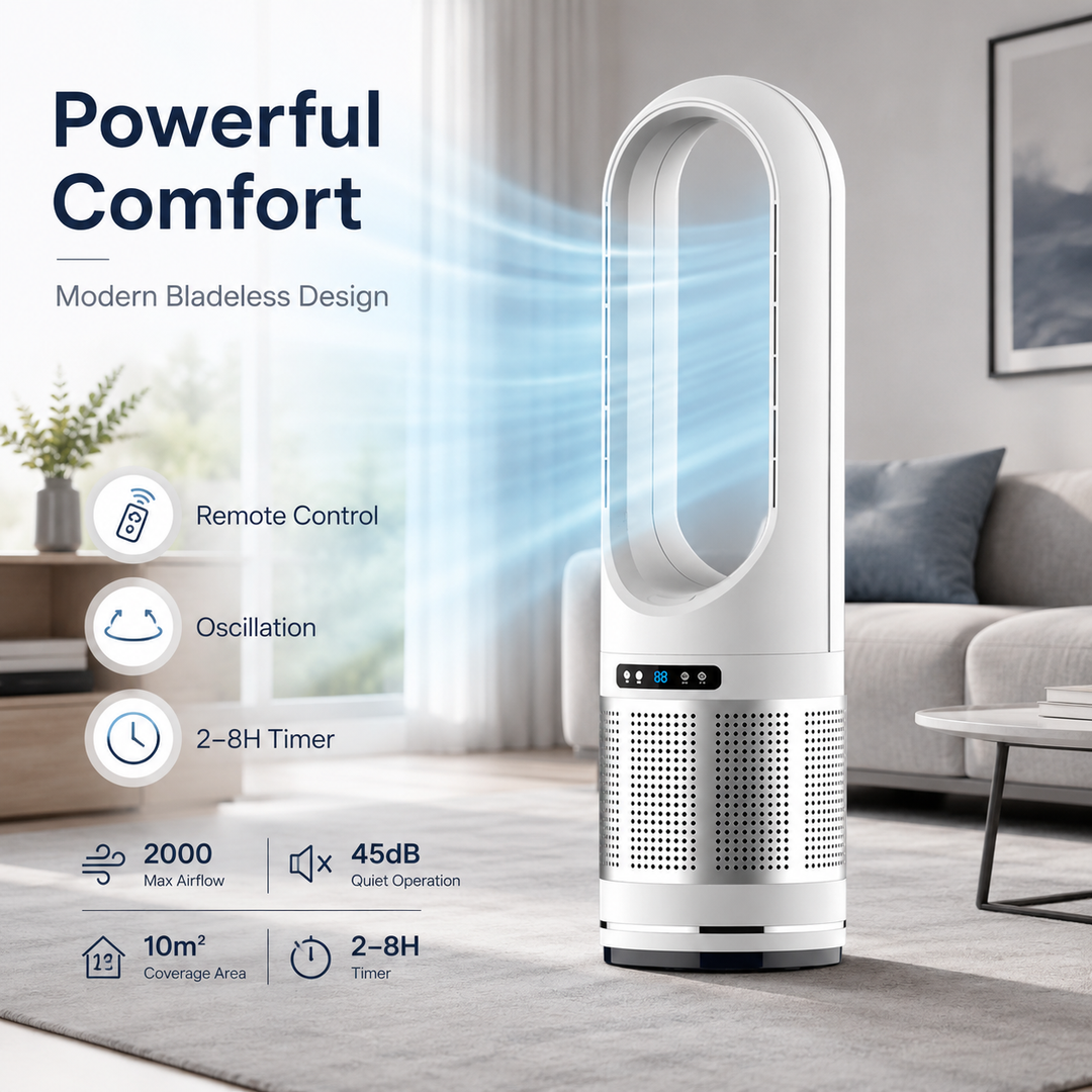 Moderne bladloze torenventilator, een efficiënte luchtkoeler voor warme zomerdagen.