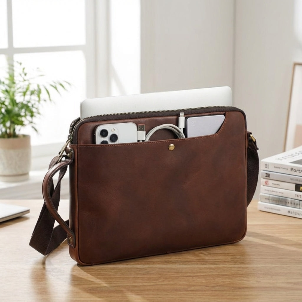 Stijlvolle bruine leren heren laptoptas van Leatherix voor MacBook, ideaal voor zakelijk gebruik en dagelijkse bescherming.
