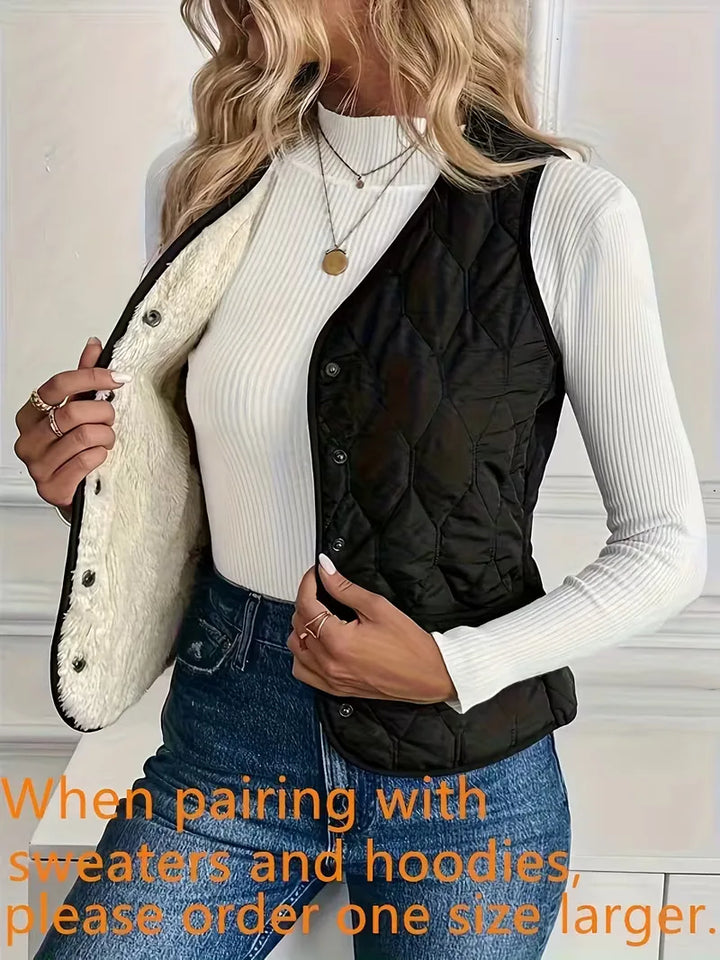 Gewatteerde dames bodywarmer met knoopsluiting en praktische voorzakken. Ideaal voor herfst/wintermode.