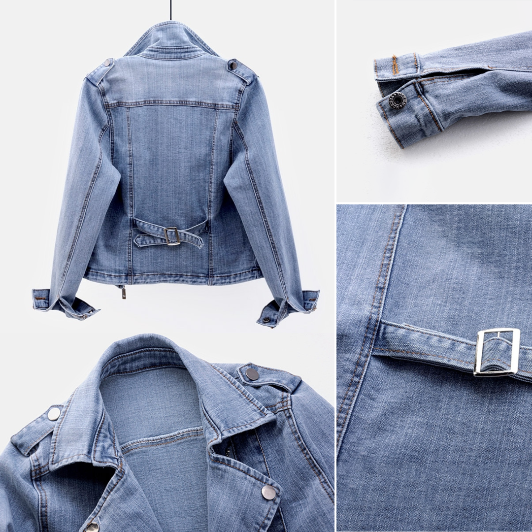 "Stijlvolle dames denim spijkerjas, vintage look met klassieke kraag en metalen knopen, flatterende pasvorm."
