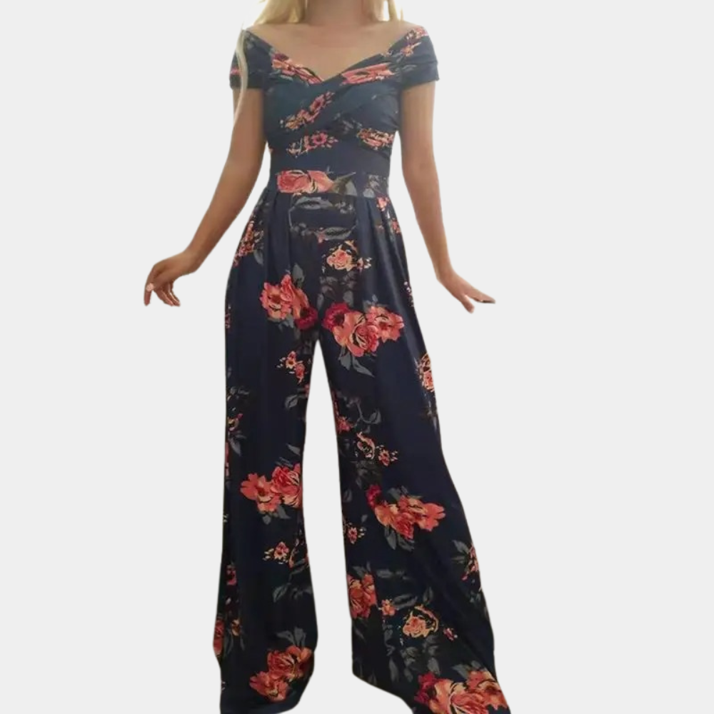 "Stijlvolle dames jumpsuit met blauwe print, elegante snit en stretchmateriaal voor comfortabele, flatterende pasvorm."