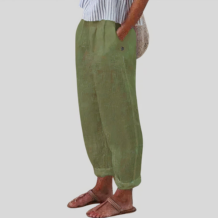 "Stijlvolle dames linnen broek Isidora, comfortabel en ademend, in trendy kleuren, perfect voor elke gelegenheid."