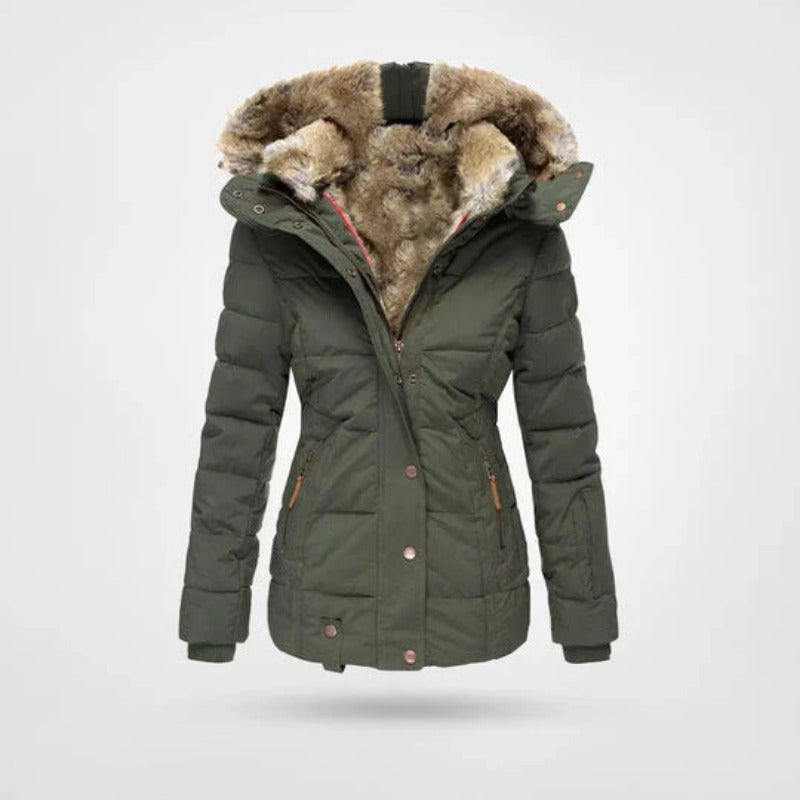 Moderne dames winterjas met dubbele sluiting en warme capuchon; beschermende bovenkleding voor vrouwen.