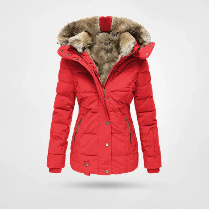 Warme dames jas met gevoerde capuchon en praktische dubbele sluiting voor een comfortabele winter.