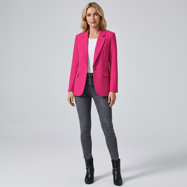 Stijlvolle damesblazer voor lente/herfst, polyester, lange mouwen, casual kantooroutfit.