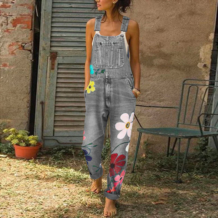 "Stijlvolle denim jumpsuit met elegant bloemenpatroon, trendy design, comfortabel en vrouwelijk, geschikt voor elke gelegenhe