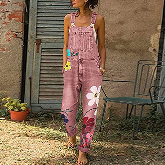 "Stijlvolle denim jumpsuit met elegant bloemenpatroon, trendy design, comfortabel en vrouwelijk, geschikt voor elke gelegenhe