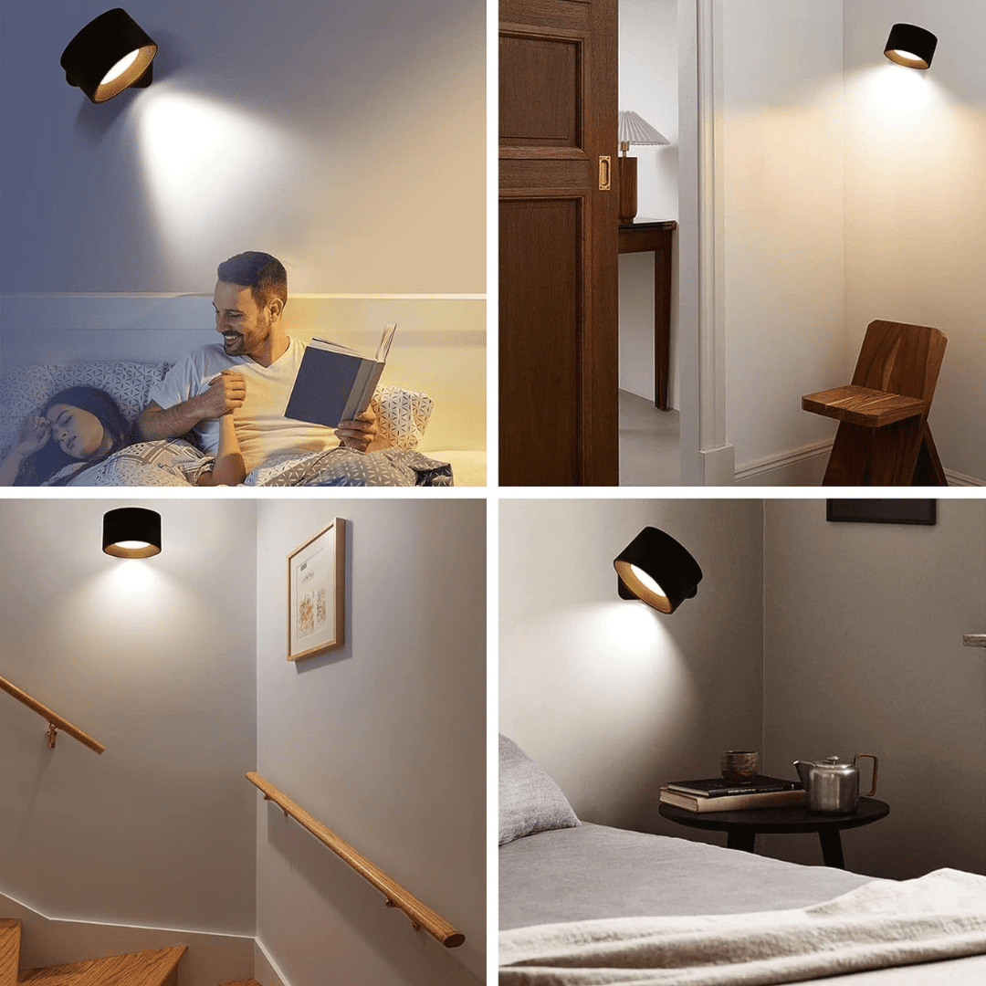 "Stijlvolle draadloze oplaadbare 360° LED wandlamp, geschikt voor binnen en buiten, in hout, wit of zwart."