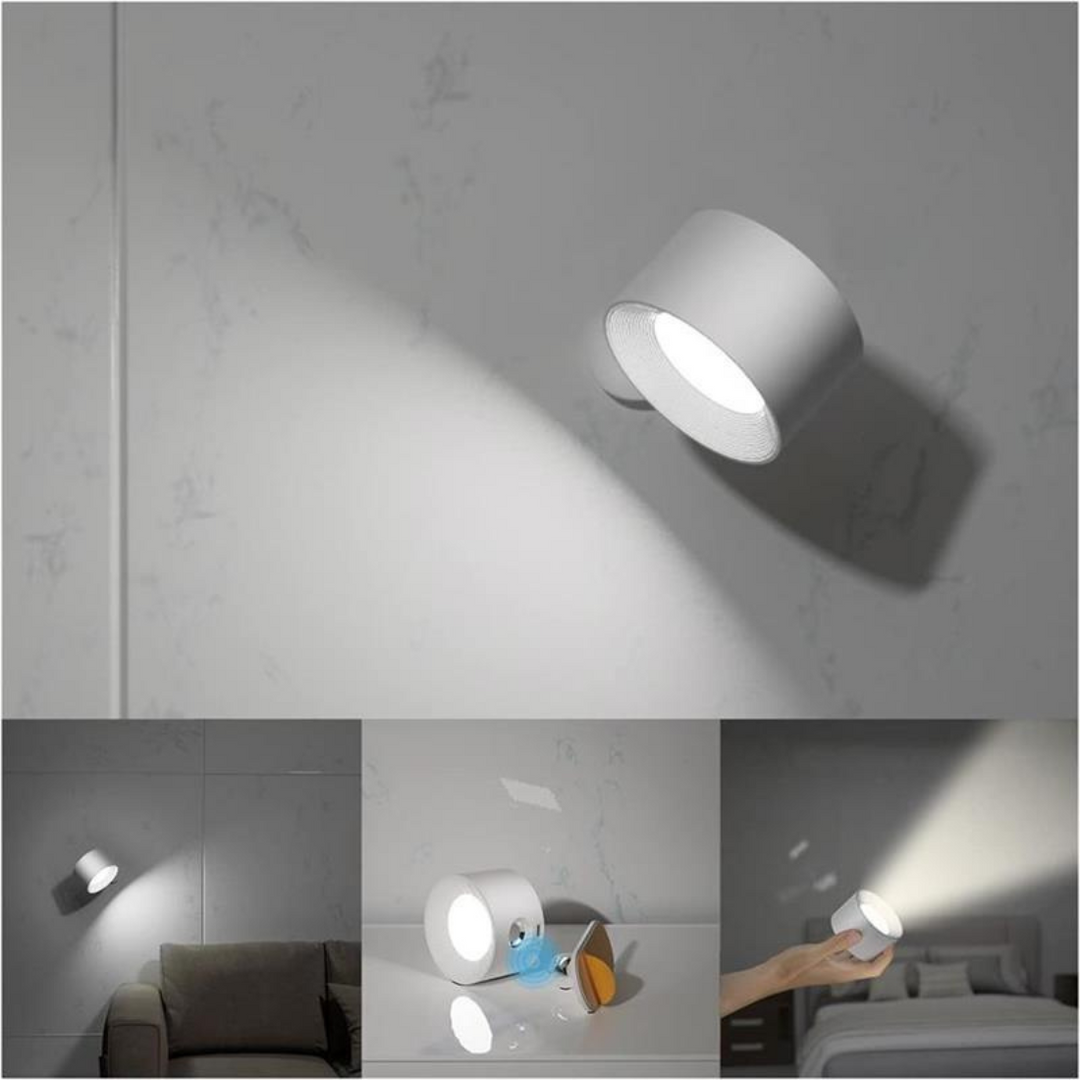 "Stijlvolle draadloze oplaadbare 360° LED wandlamp, geschikt voor binnen en buiten, in hout, wit of zwart."