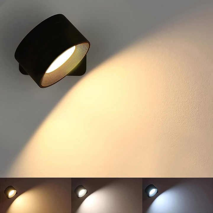 "Stijlvolle draadloze oplaadbare 360° LED wandlamp, geschikt voor binnen en buiten, in hout, wit of zwart."