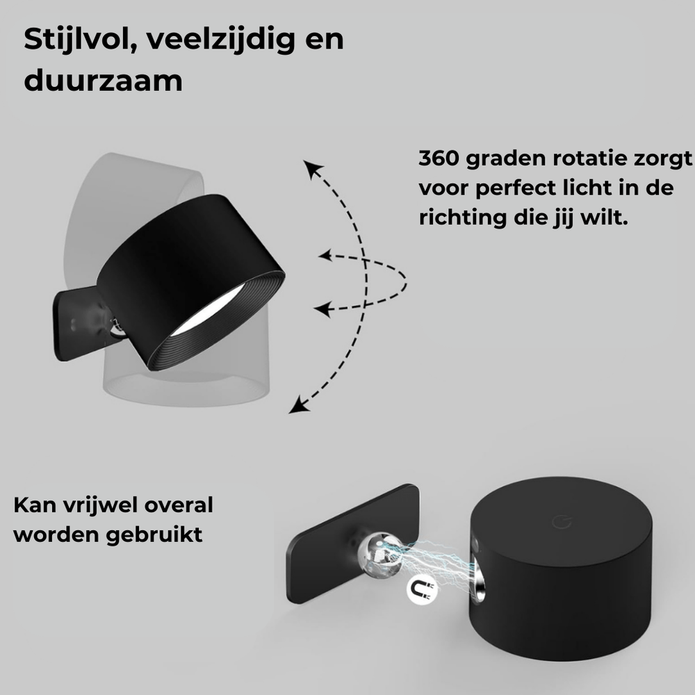 "Stijlvolle draadloze oplaadbare 360° LED wandlamp, geschikt voor binnen en buiten, in hout, wit of zwart."