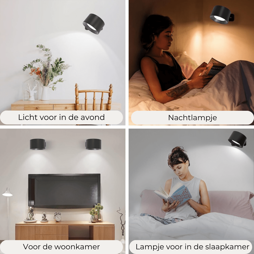 "Stijlvolle draadloze oplaadbare 360° LED wandlamp, geschikt voor binnen en buiten, in hout, wit of zwart."