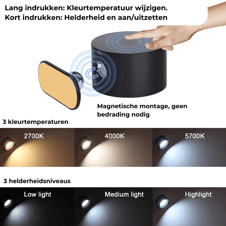 "Stijlvolle draadloze oplaadbare 360° LED wandlamp, geschikt voor binnen en buiten, in hout, wit of zwart."