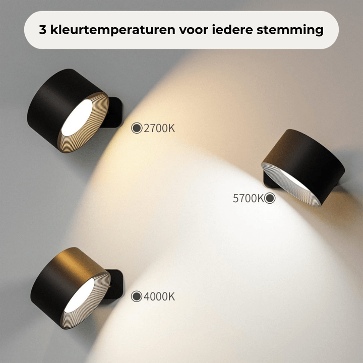 "Stijlvolle draadloze oplaadbare 360° LED wandlamp, geschikt voor binnen en buiten, in hout, wit of zwart."