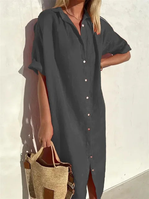 Elara zomerjurk in donkergrijs, tijdloos design, een must-have voor de zomer.