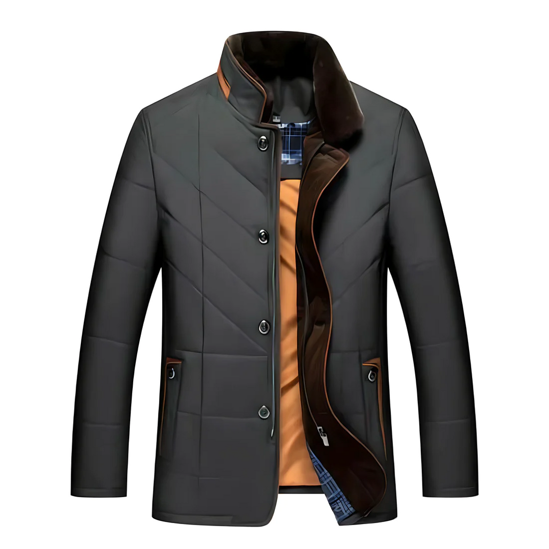 Stijlvolle heren gevoerde winterjas in donkere kleur, ideaal voor warmte en comfort tijdens koude dagen.