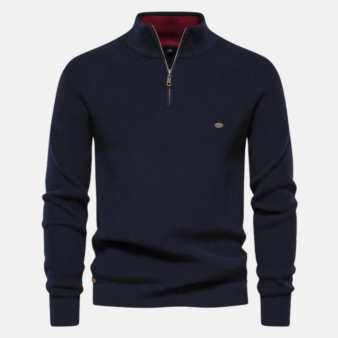 Stijlvolle heren half-zip sweater met ribgebreide mouwen, perfect voor herfst en winter comfort.