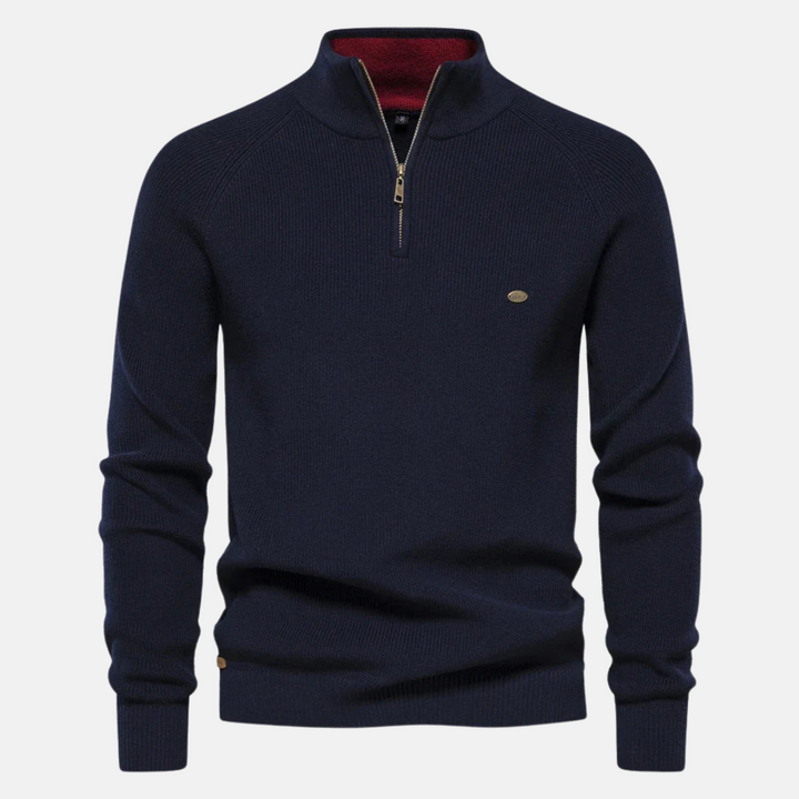 Stijlvolle heren half-zip sweater met ribgebreide mouwen, perfect voor herfst en winter comfort.