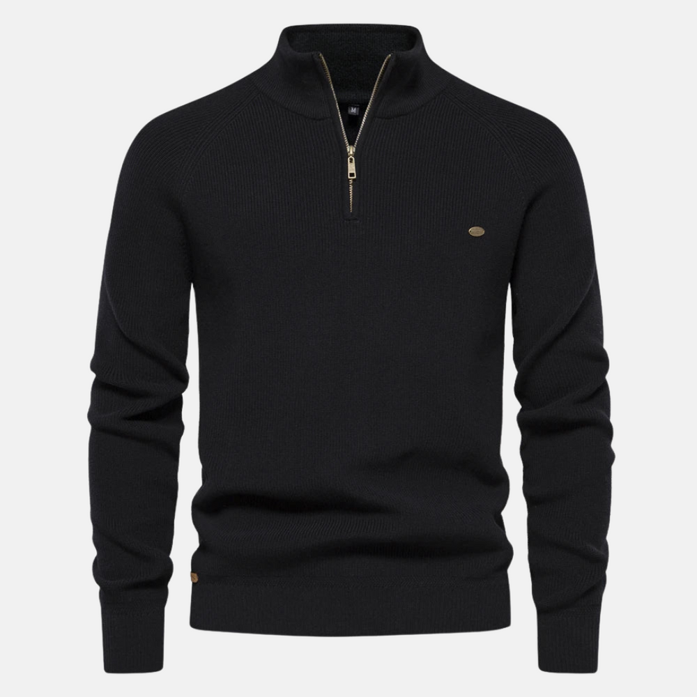 Casual heren trui met half-zip en unieke ribgebreide mouwen, ideaal voor een trendy winterlook.