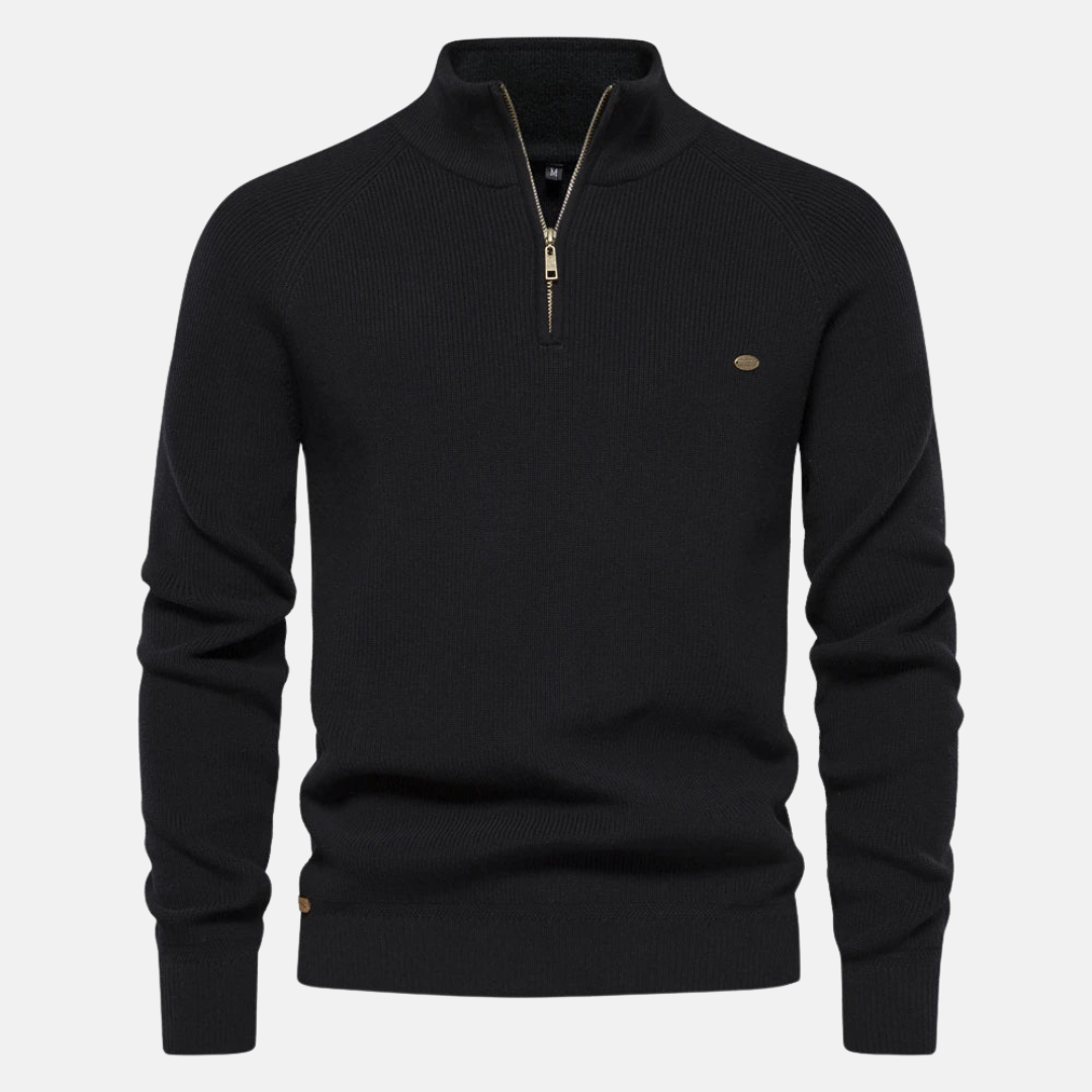 Casual heren trui met half-zip en unieke ribgebreide mouwen, ideaal voor een trendy winterlook.