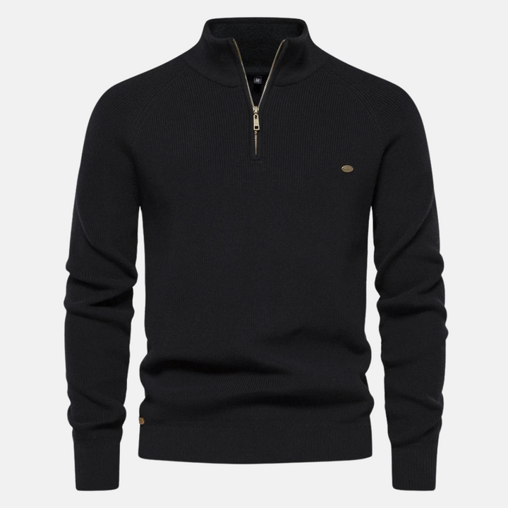 Casual heren trui met half-zip en unieke ribgebreide mouwen, ideaal voor een trendy winterlook.