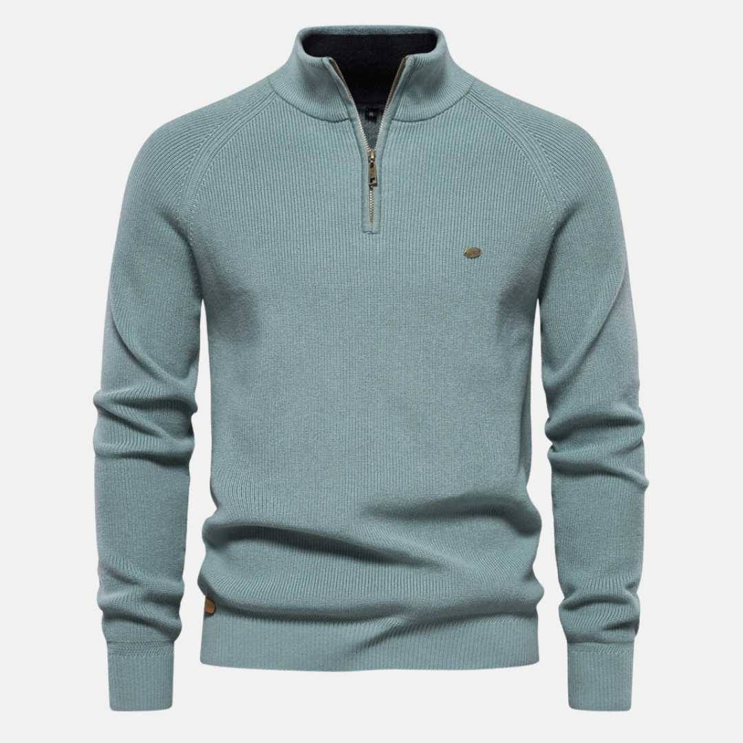 Klassieke heren sweater met een moderne half-zip en subtiele ribgebreide mouwen, ideaal voor comfort.