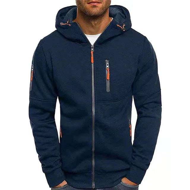 "Stijlvolle heren hoodie in blauw met dubbelgestikte naden en capuchon, veelzijdig en comfortabel voor elke casual outfit."