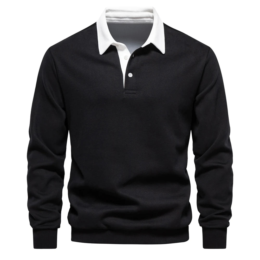 "Stijlvolle heren polo sweatshirt met klassieke kraag en patchwork detail, gemaakt van zachte katoenblend, regular fit."