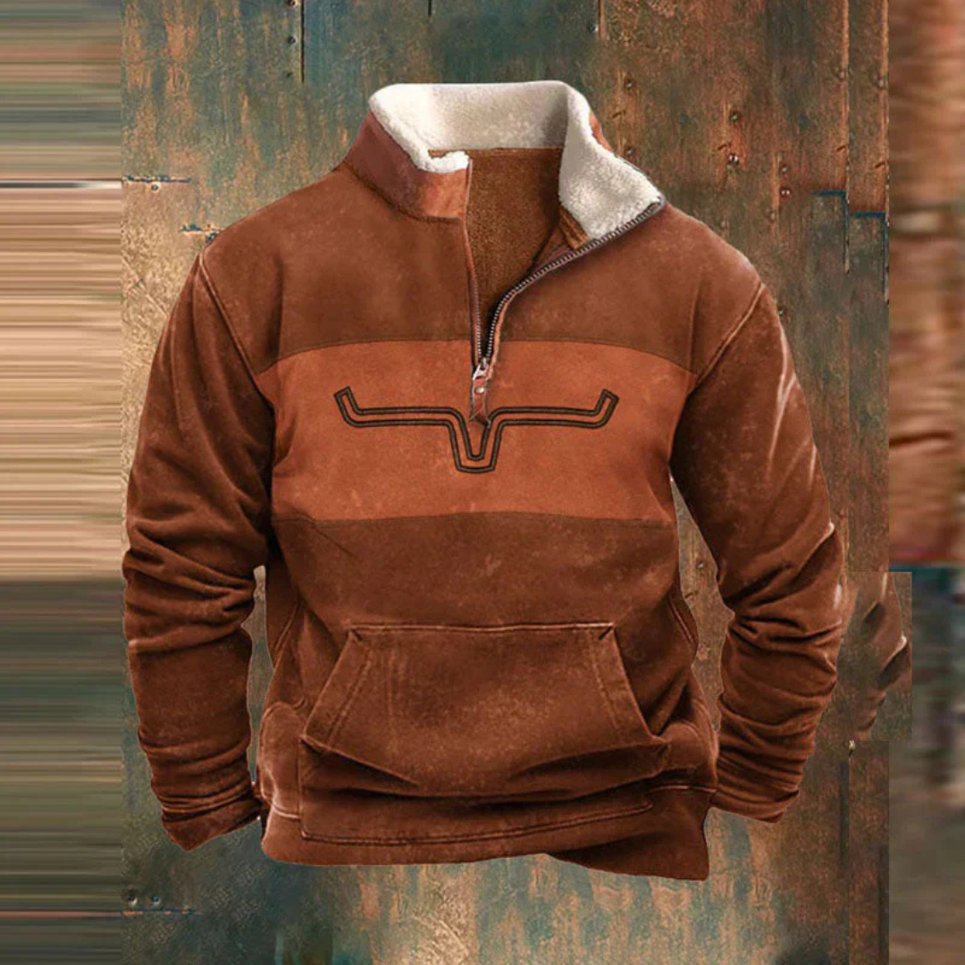 Detail van de moderne heren pullover met halve ritssluiting, perfect voor diverse casual gelegenheden.