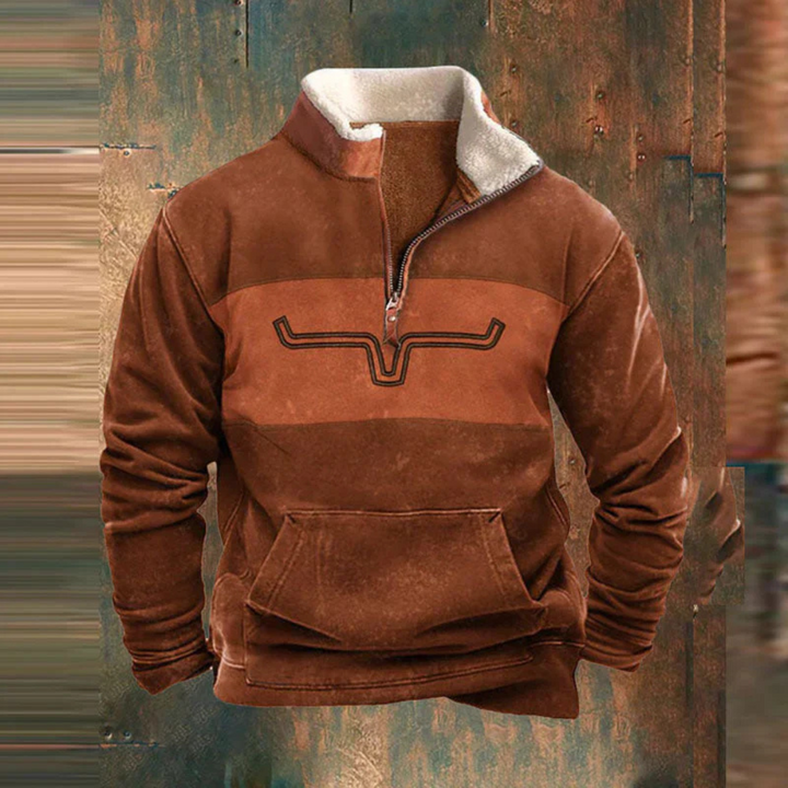 Detail van de moderne heren pullover met halve ritssluiting, perfect voor diverse casual gelegenheden.