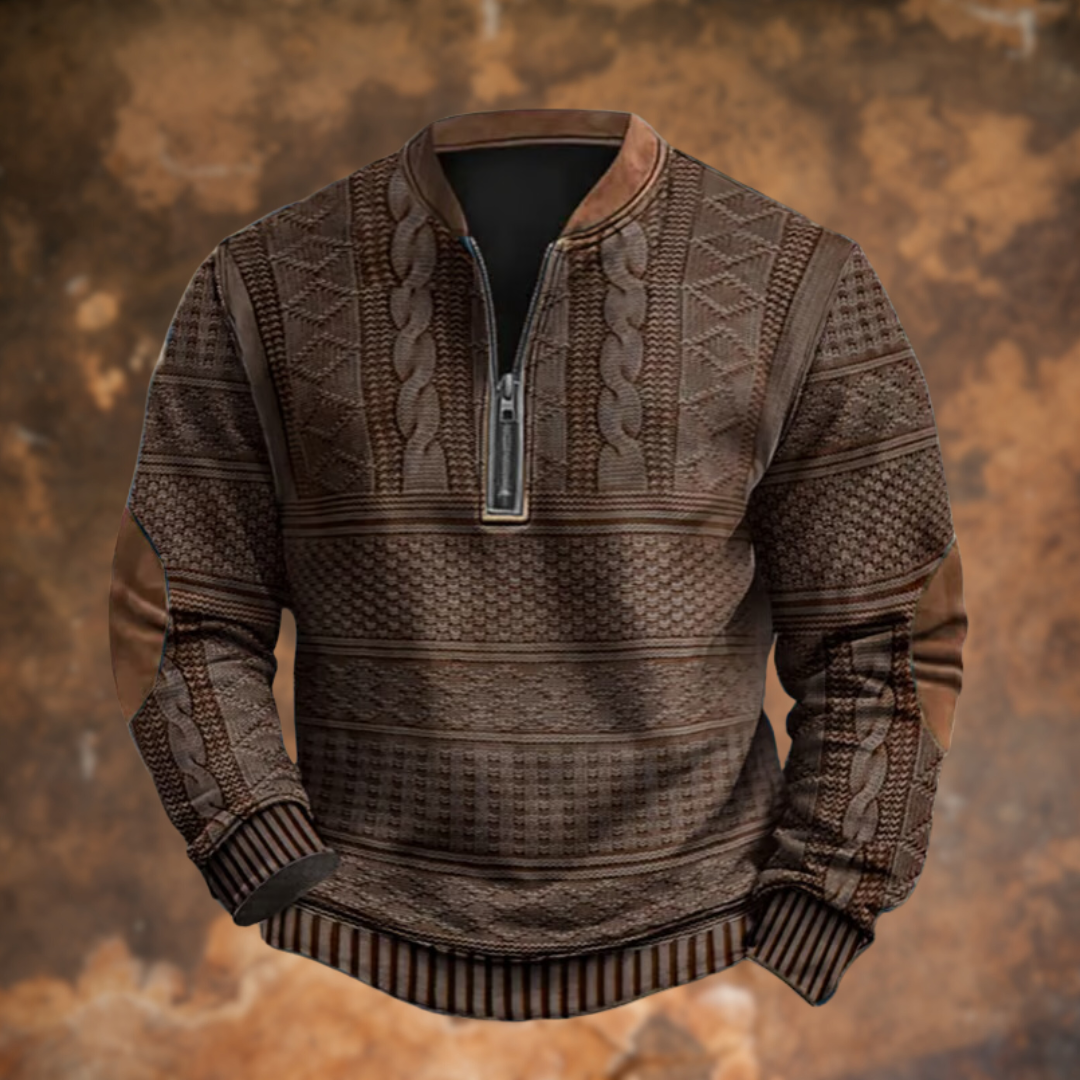 Model draagt casual heren trui met rits, comfortabel en stijlvol. Veelzijdige winter kleding voor hem.
