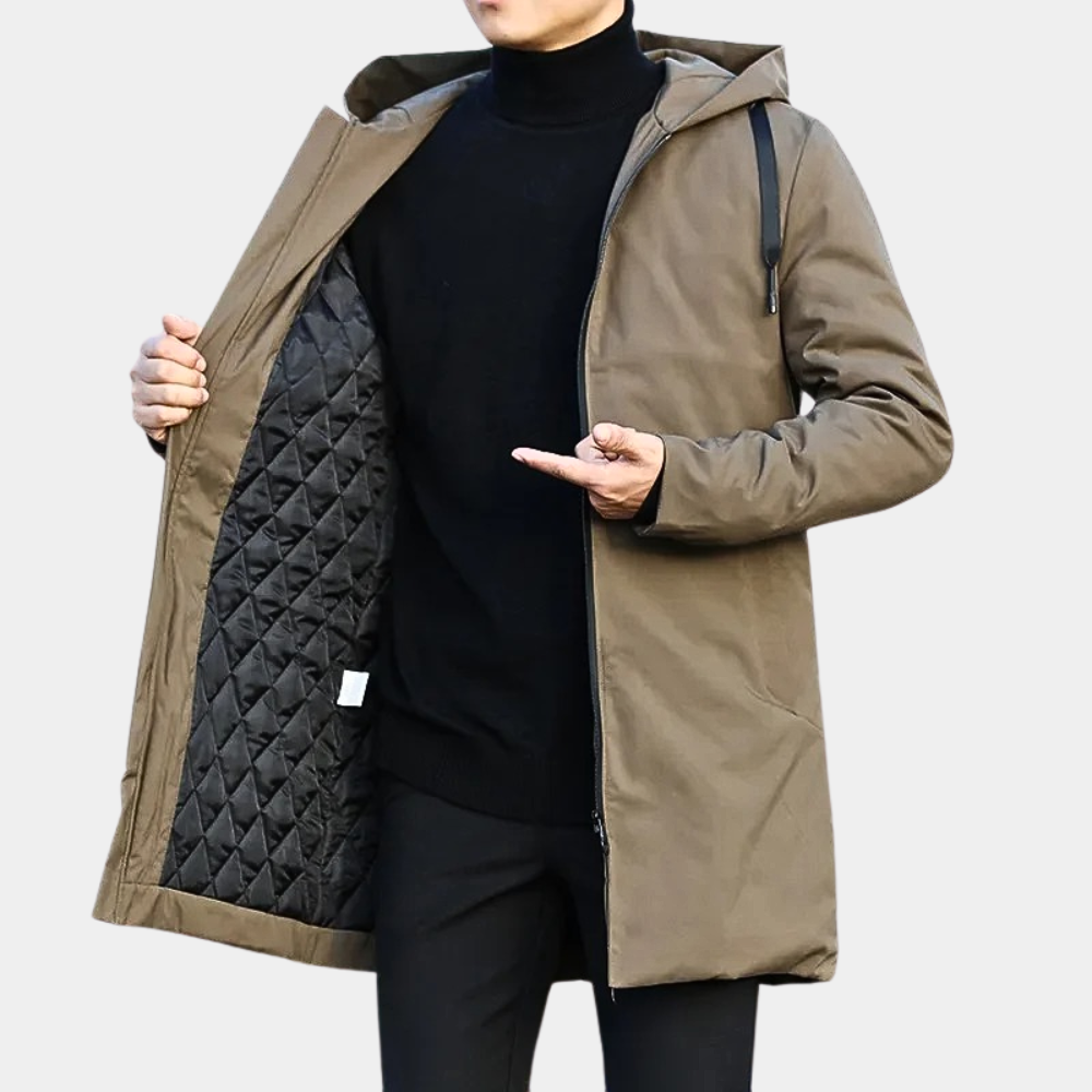 Comfortabele, stijlvolle heren waterdichte jas met voering. Geschikt als regenjas of winterjas voor herfstmode en buiten.