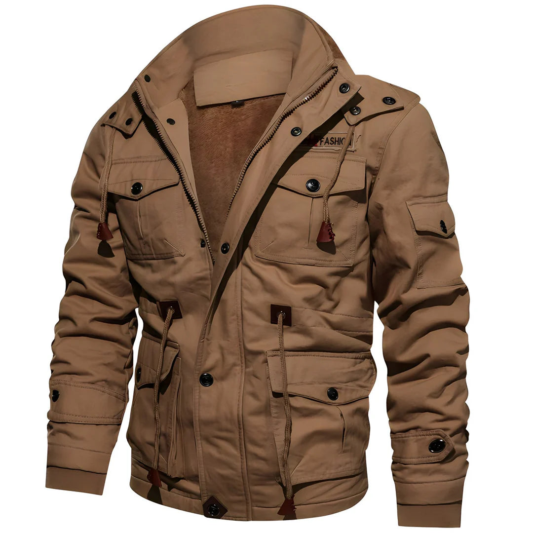 Comfortabele heren winterjas, modieus design met praktische zakken en dubbele sluiting, verkrijgbaar in zwart.