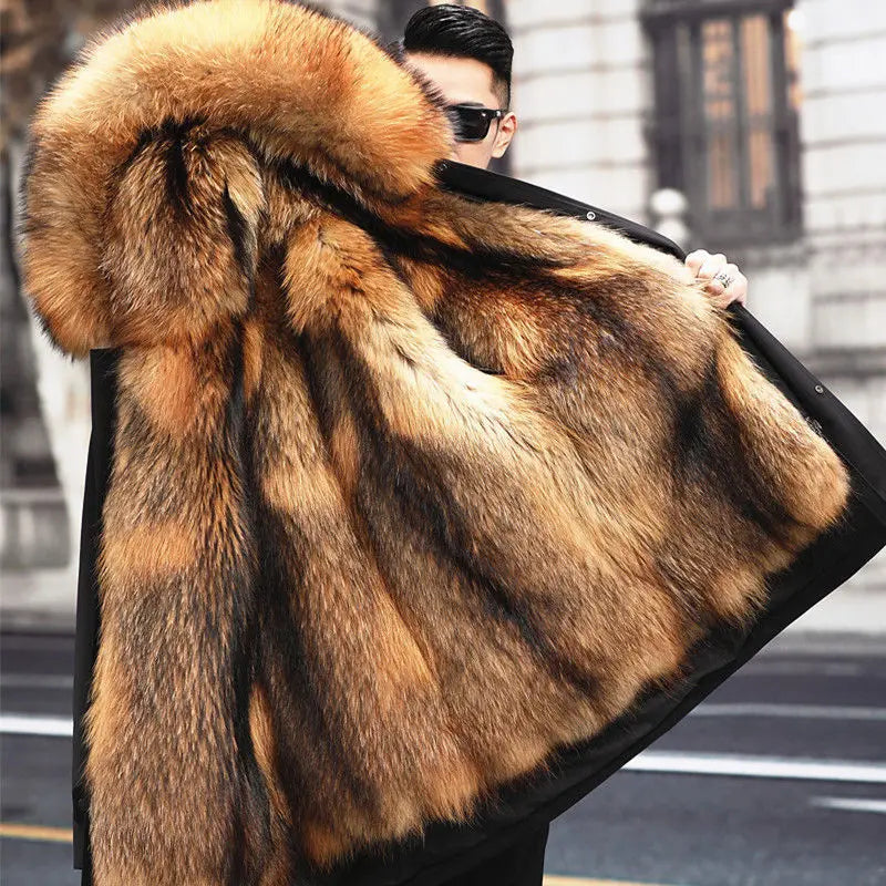 Detail van de warme heren winterparka met luxueus bontaccent op de capuchon, stijlvolle winterjas.
