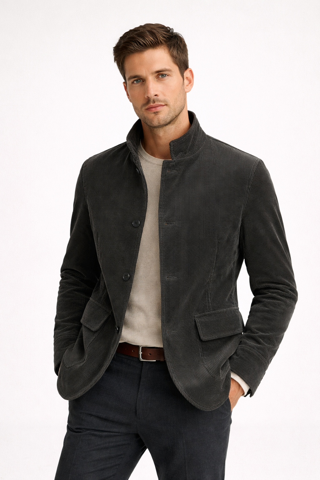 Stijlvolle herenblazer met maokraag en klepzakken, ideaal voor semi-formele mannenmode.