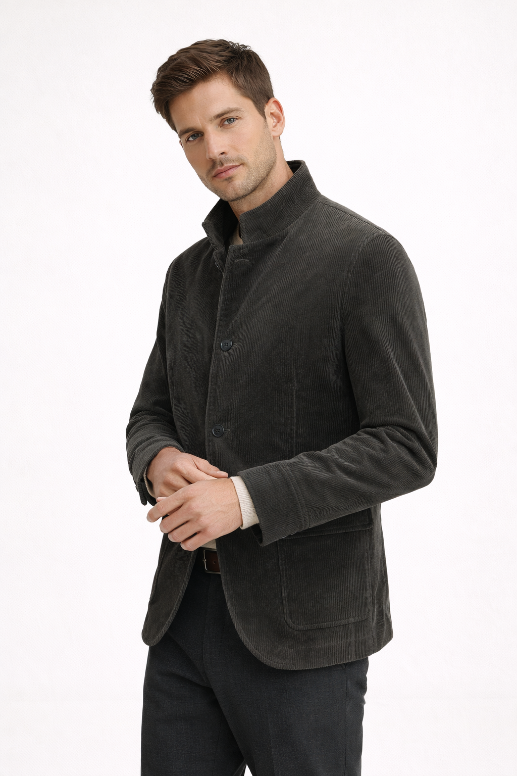 Casual chic herenblazer met Mao kraag, perfecte overgangsjas voor stijlvolle mannenmode.