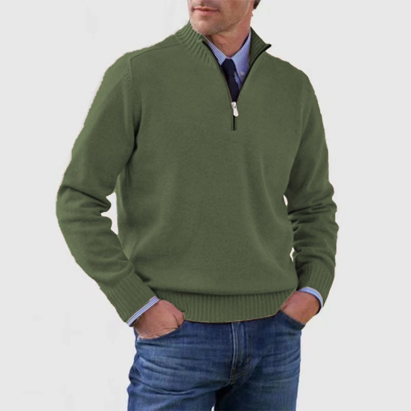 Mouwen en boorden van de zachte herenpullover met halverits, voor optimaal draagcomfort.