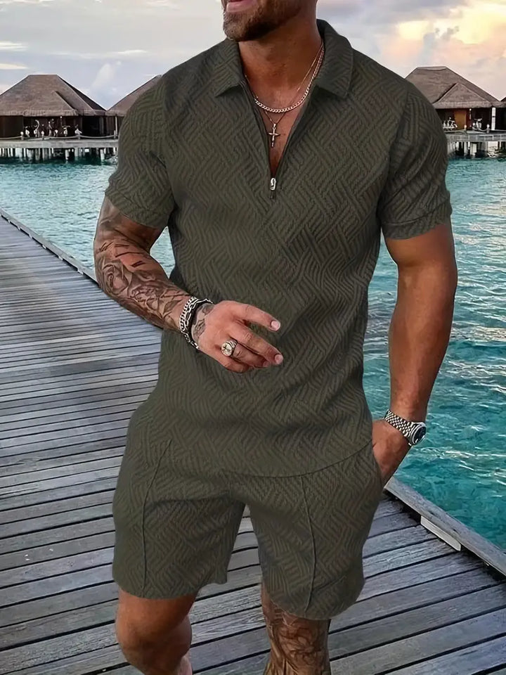 Comfortabele heren outfit set, perfect voor lente en zomer. Zachte katoen-polyester kleding, stijlvol en modern voor mannen.