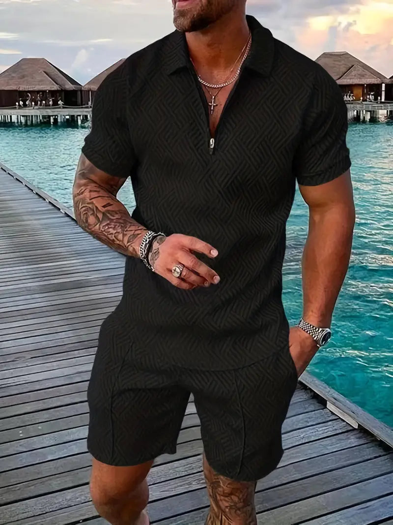 Moderne herenset: stijlvolle en comfortabele kleding van katoen/polyester. Ideaal voor lente- en zomeroutfits voor mannen.