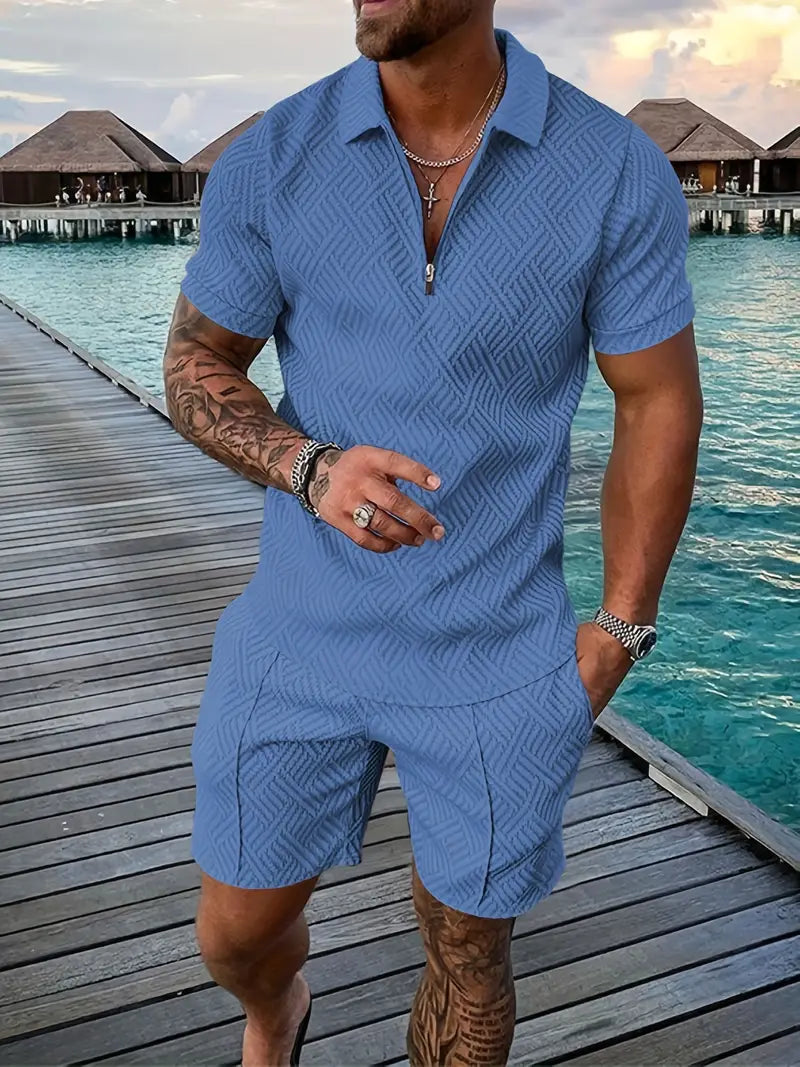 Veelzijdige herenset, comfortabele katoen-polyester kleding. Stijlvolle mannenmode outfit voor de lente en zomer.