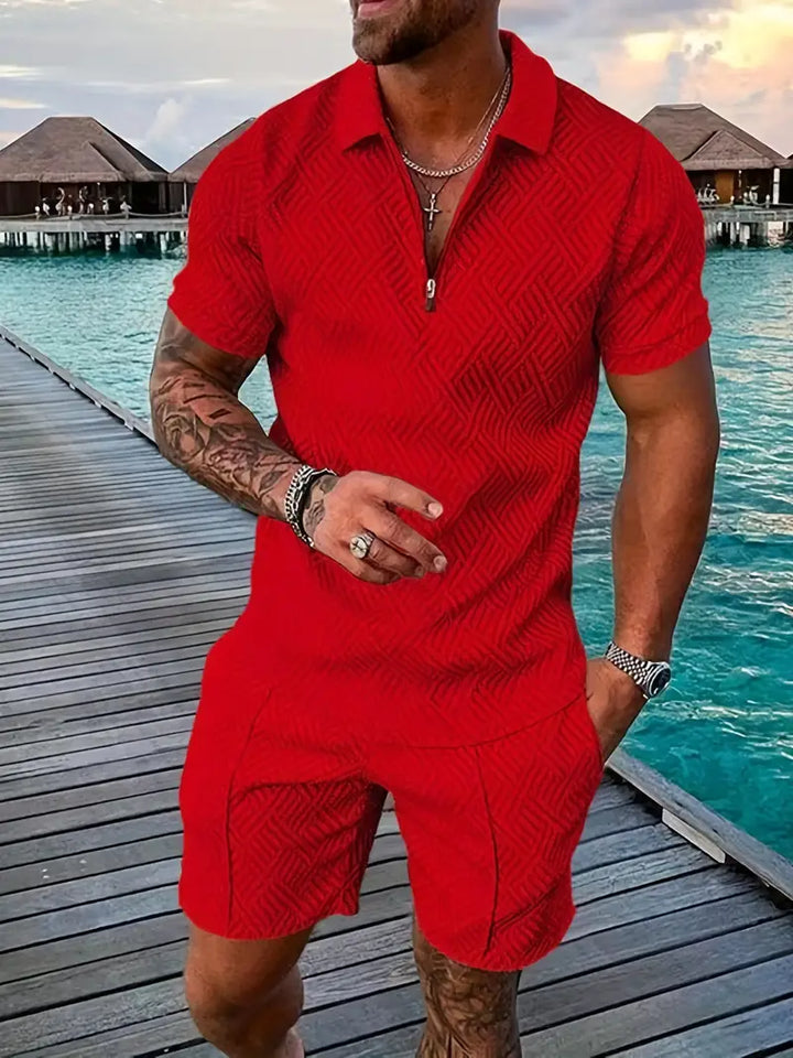 Hoogwaardige herenset van katoen/polyester. Stijlvol, comfortabel en perfect als lente/zomer outfit voor mannen.